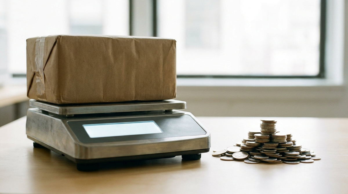 A cardboard parcel on a shipping scale beside an ascending stack of coins, representing a carrier rate increase and the real numbers behind the list price.
