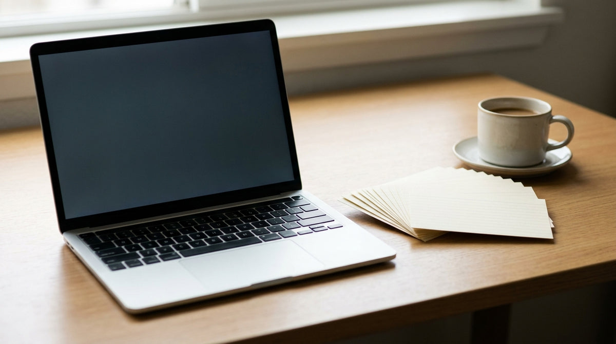 A laptop with a blank screen beside a fanned stack of blank index cards and a coffee on a bright desk, representing a customer-facing shipping guarantee FAQ page.