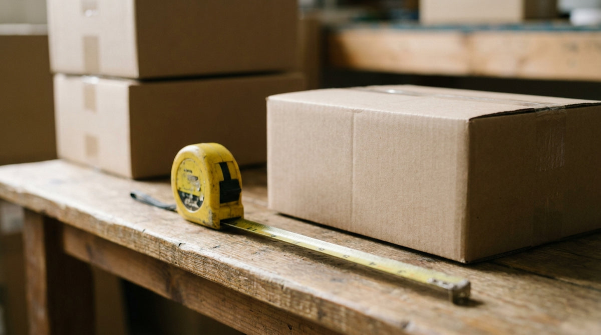 A cardboard box being measured with a tape measure beside a few other boxes on a packing bench, representing a SKU-by-SKU check against a cubic volume surcharge rule.