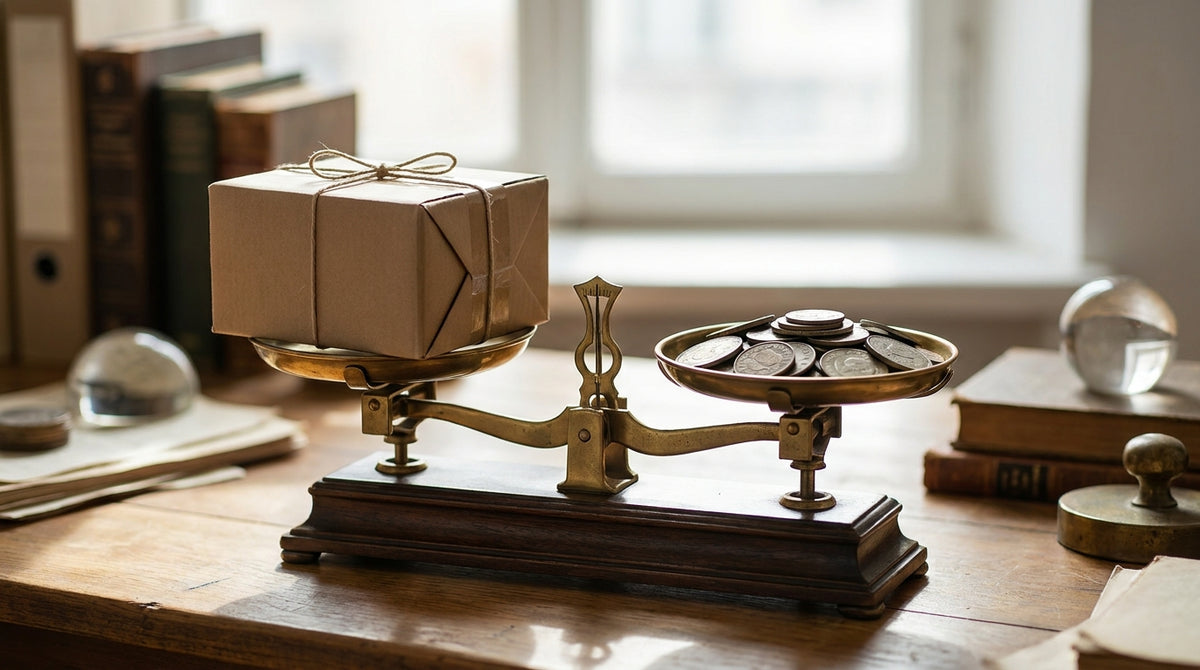 A two-pan balance scale with a small cardboard parcel on one pan and coins on the other, representing trading a delivery day for a lower shipping rate.