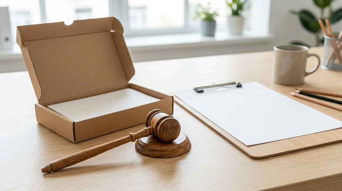 A small wooden gavel beside an open return mailer and a clipboard with a blank form, representing state disclosure rules for restocking fees.