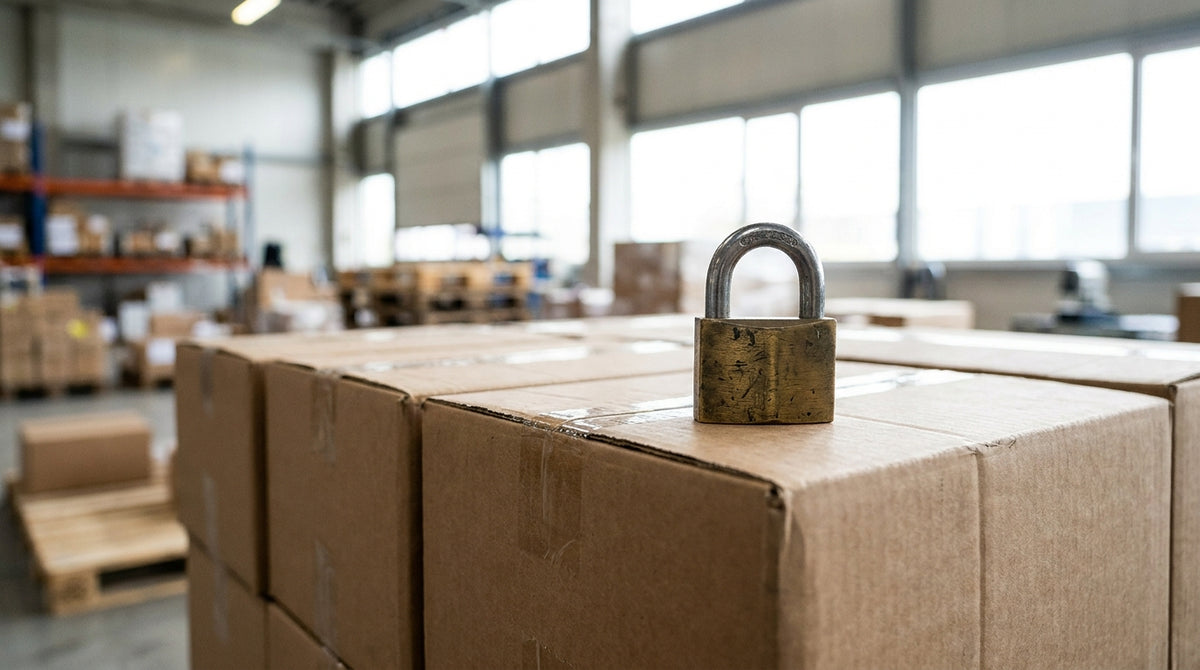 A sturdy padlock resting on stacked cardboard cartons in a warehouse, representing a peak change freeze locking warehouse changes before Thanksgiving week.