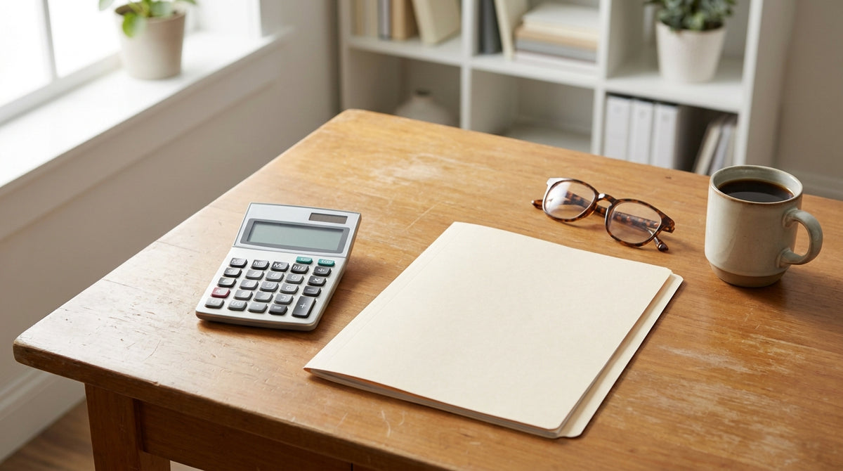 A calculator, a closed folder, reading glasses and a coffee on a tidy desk, representing questions to ask an accountant about sales tax on a shipping guarantee fee.