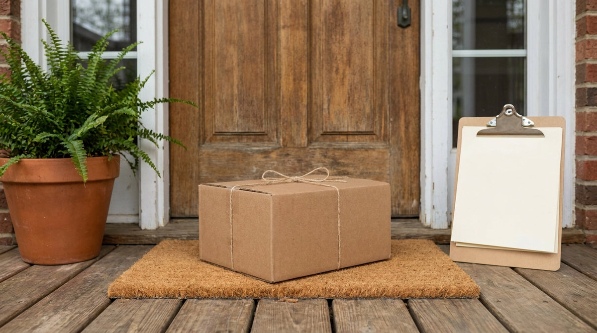 A cardboard parcel resting on a doormat on a suburban front porch beside a clipboard, representing a monthly dispute process for residential surcharges and address corrections.