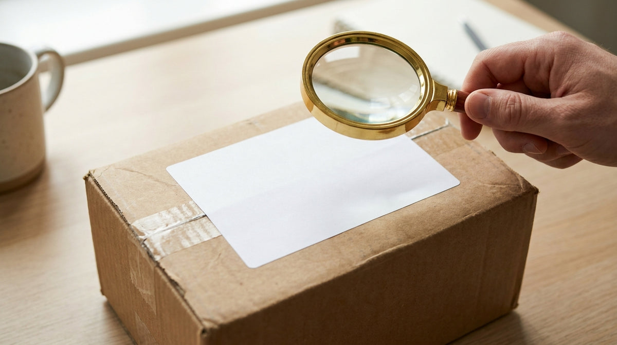 A magnifying glass held over a blank shipping label on a cardboard parcel, representing auditing shipping software that rewrites customer addresses.