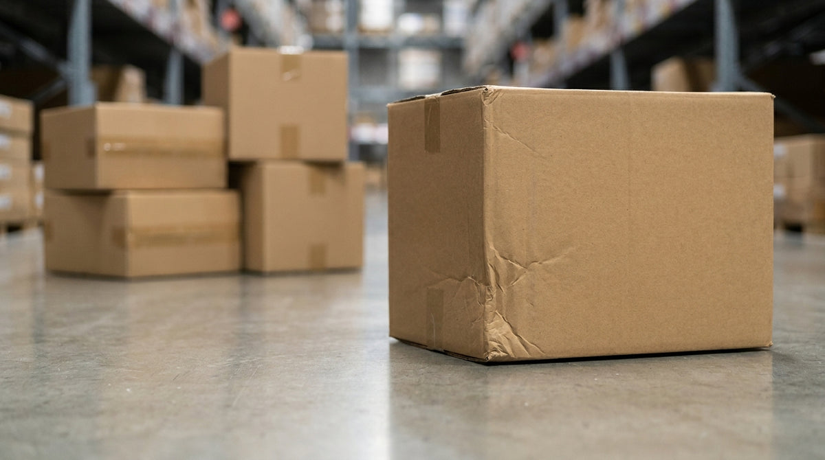 A plain cardboard box landed on a concrete floor beside a small stack of boxes, representing a ten-box drop test to find a weak pack-out before peak.