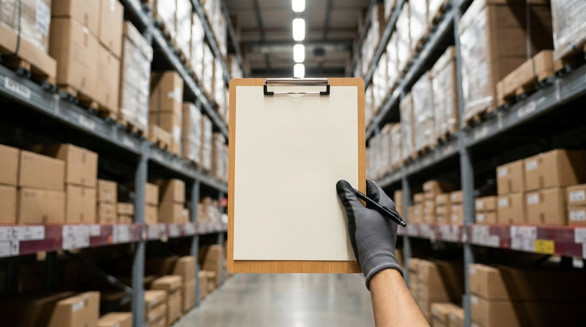 A clipboard and pen held up to warehouse shelves stacked with plain cardboard boxes, representing a pre-peak cycle count plan that prevents oversells and mis-ships.