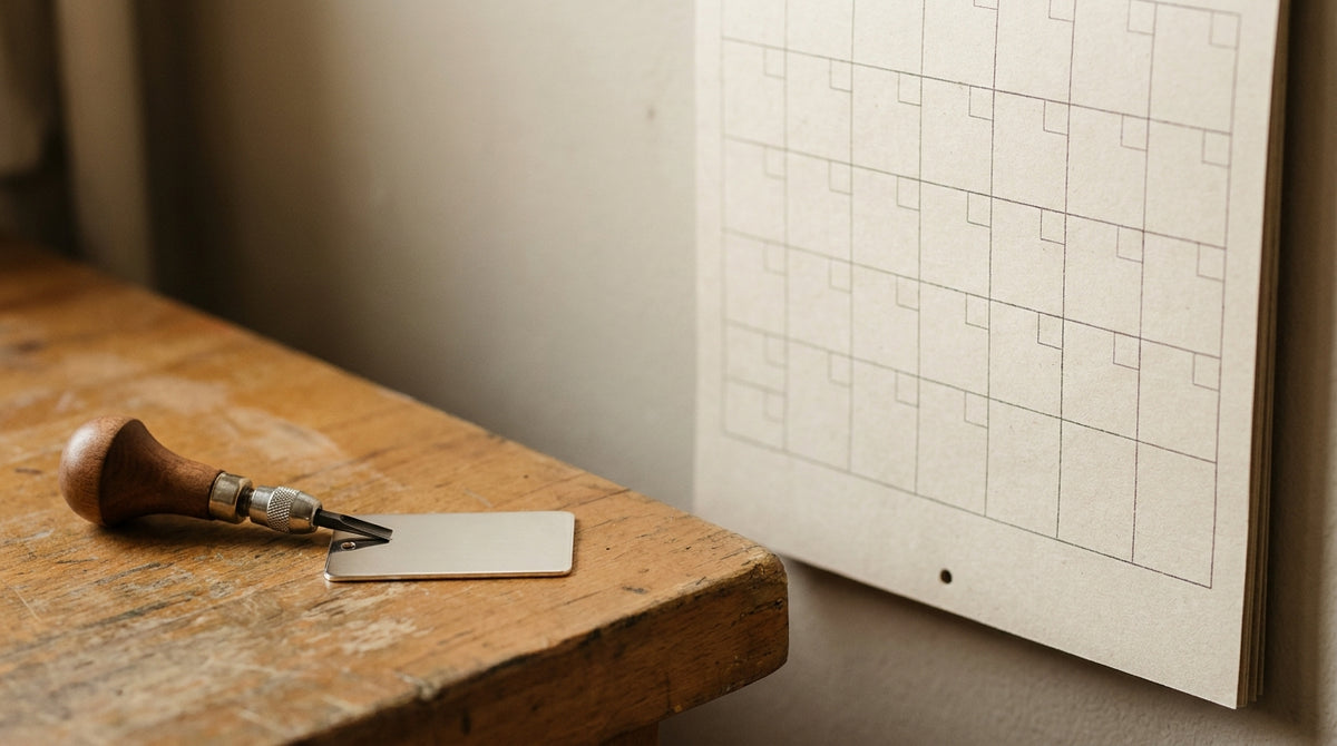 An engraving tool resting on a blank metal tag beside a blank calendar on a workbench, representing why personalized and made-to-order items need their own holiday cutoff.