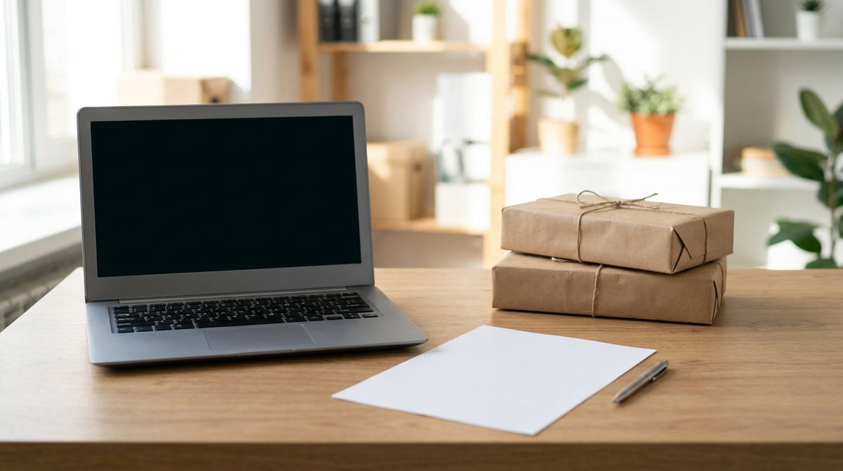 A tidy small-business desk with a single blank sheet, a pen, a laptop and a few parcels, representing a solo founder's one-page holiday plan.