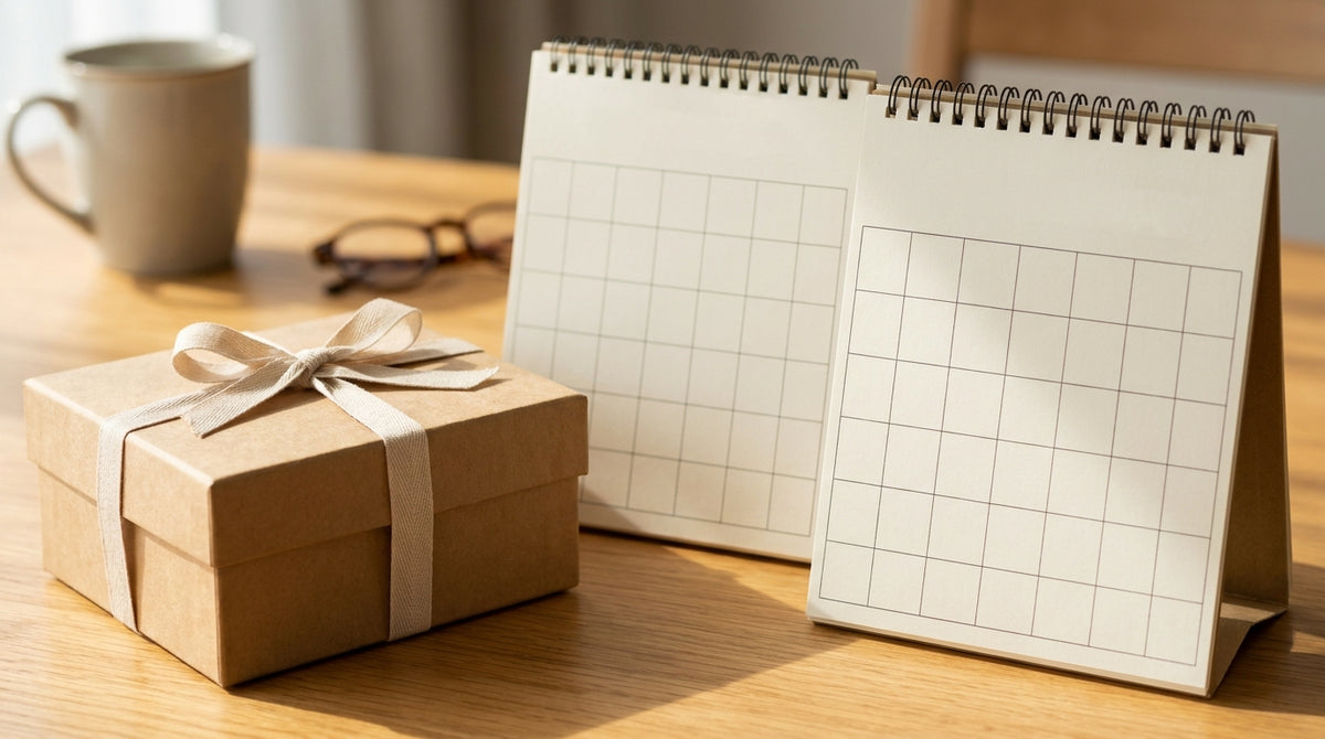 A wrapped gift box beside two blank wall calendars on a bright desk, representing gift subscriptions needing both a cutoff date and a start date.