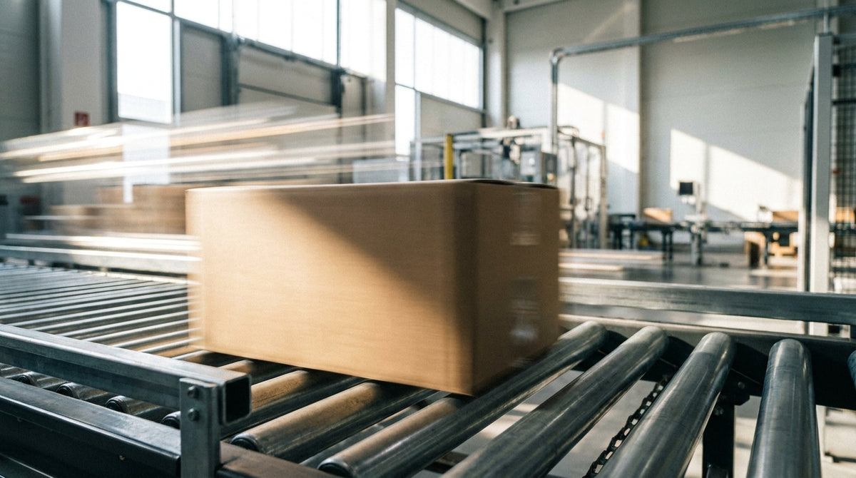 A cardboard parcel on a conveyor with motion blur suggesting speed, representing qualifying for free and fast shipping badges that reward real delivery speed.