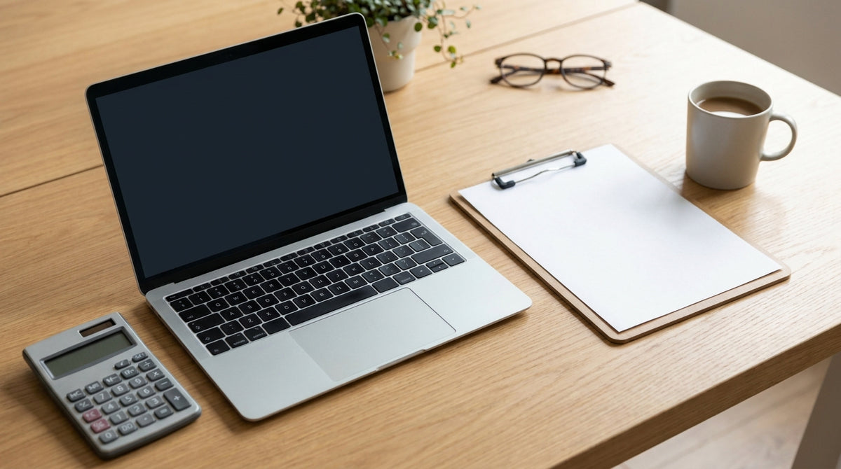 A laptop with a blank screen, a calculator, a clipboard and a coffee on a desk, representing a Black Friday post-mortem and the numbers to pull from December into January.