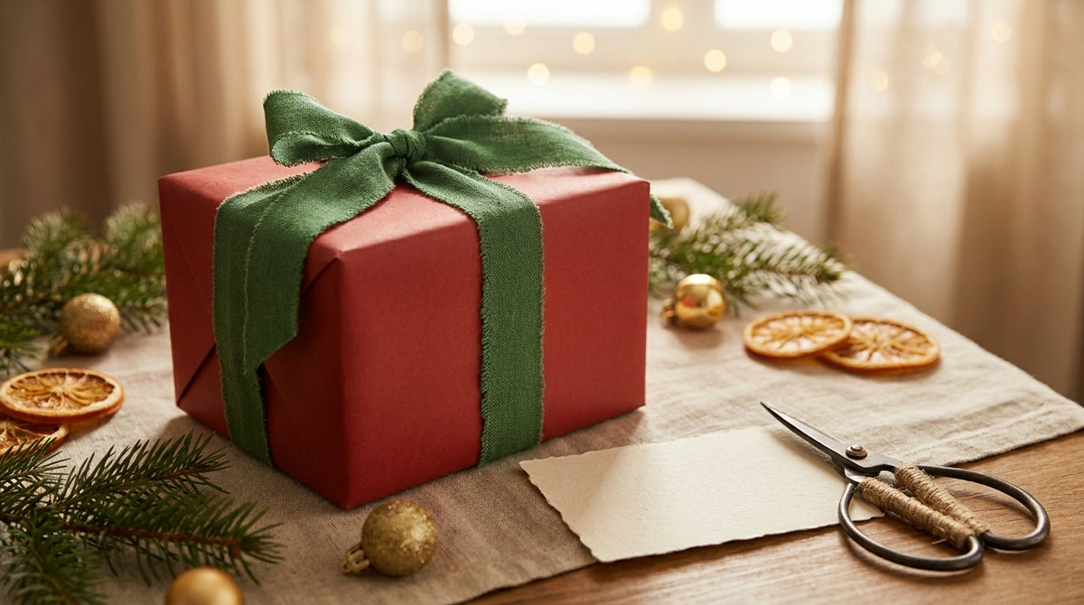 A ribbon-wrapped gift box beside a blank cream gift receipt card and scissors on a festive table, representing gift orders that hide the price but keep the return option.