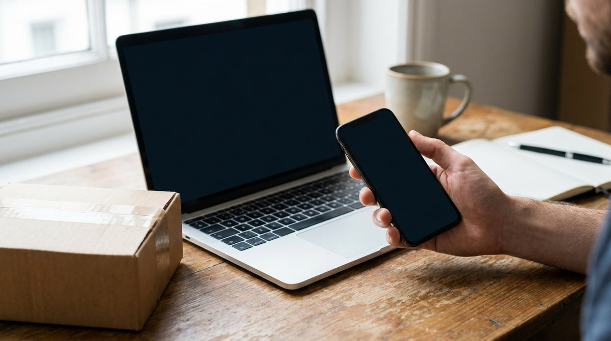 A hand holding a smartphone with a blank screen beside a laptop and a cardboard parcel on a desk, representing writing public replies to a one-star review about a late package.