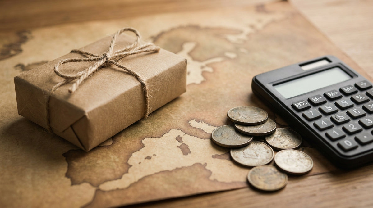 A cardboard parcel resting on a label-free map of Europe beside coins and a calculator, representing a landed-cost model for the EU's per-product-type duty.