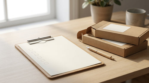 A clipboard with a blank checklist and a pen beside open return mailer boxes on a desk, representing measuring your holiday returns plan against what retailers told NRF.