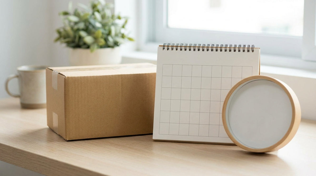 A cardboard parcel beside a blank wall calendar and a blank-face clock on a bright desk, representing calculating a real delivery date from cutoff, handling time and transit.