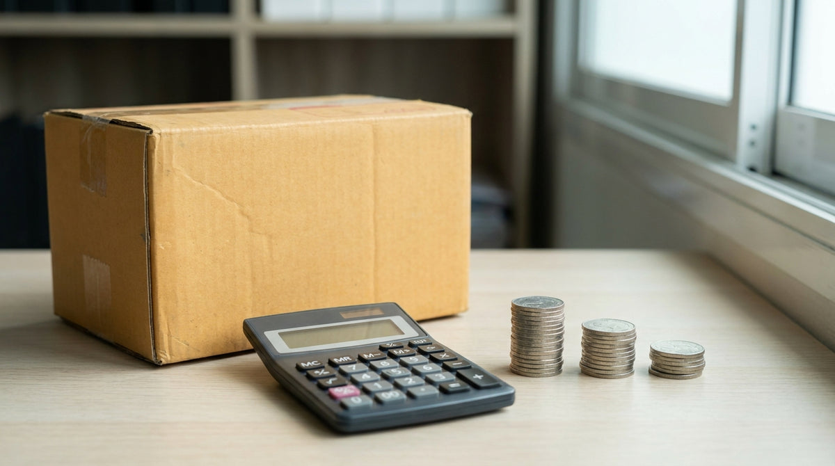 A cardboard box beside a calculator and descending stacks of coins on a desk, representing finding a large annual shipping saving.