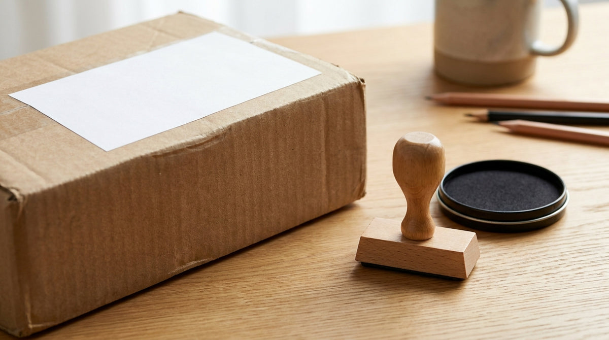 A cardboard parcel with a blank shipping label beside a rubber stamp and ink pad on a desk, representing validating the address at checkout before the label prints.