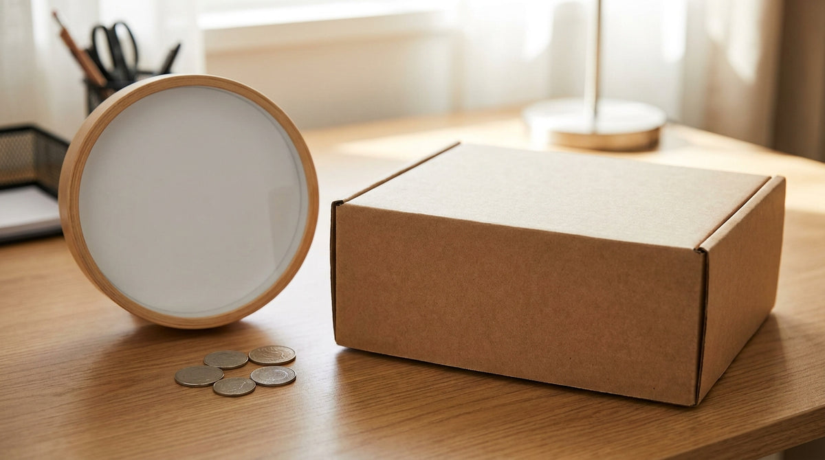 A kraft subscription box beside a blank-face clock and a few coins on a bright desk, representing a credit rule for a late subscription box that saves the renewal.