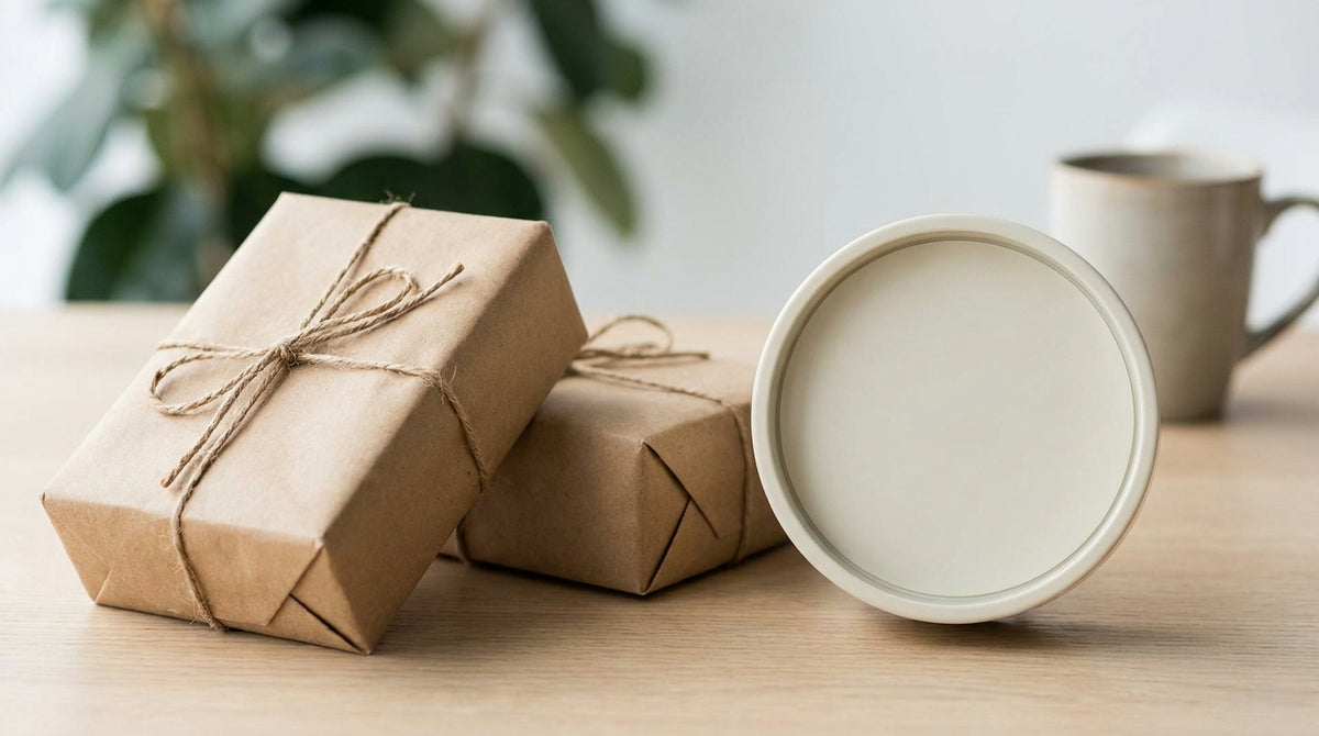 Two separate kraft parcels side by side beside a blank-face clock on a desk, representing a combine-or-ship-separately rule for a second order placed an hour later.