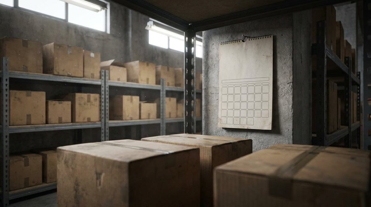 Older dusty cardboard cartons on high warehouse shelves beside a blank calendar, representing auditing aged inventory before a January storage fee charges.