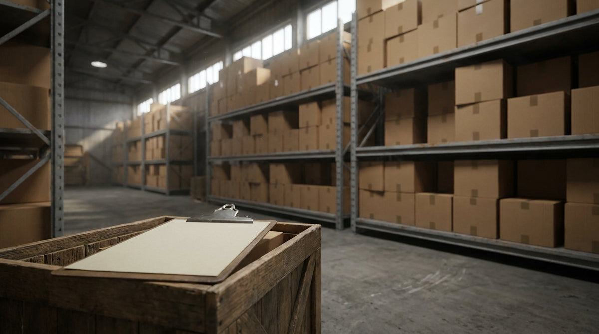 Warehouse shelves stacked with plain cardboard boxes with a few empty gaps beside a clipboard, representing a reorder-point safety-stock formula that accounts for 3PL receiving time.