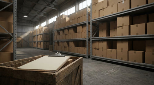Warehouse shelves stacked with plain cardboard boxes with a few empty gaps beside a clipboard, representing a reorder-point safety-stock formula that accounts for 3PL receiving time.