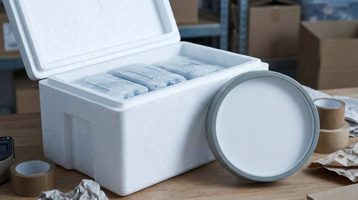 An open insulated foam cooler shipping box with ice packs beside a blank-face clock, representing a Saturday delivery decision for perishable and time-sensitive orders.