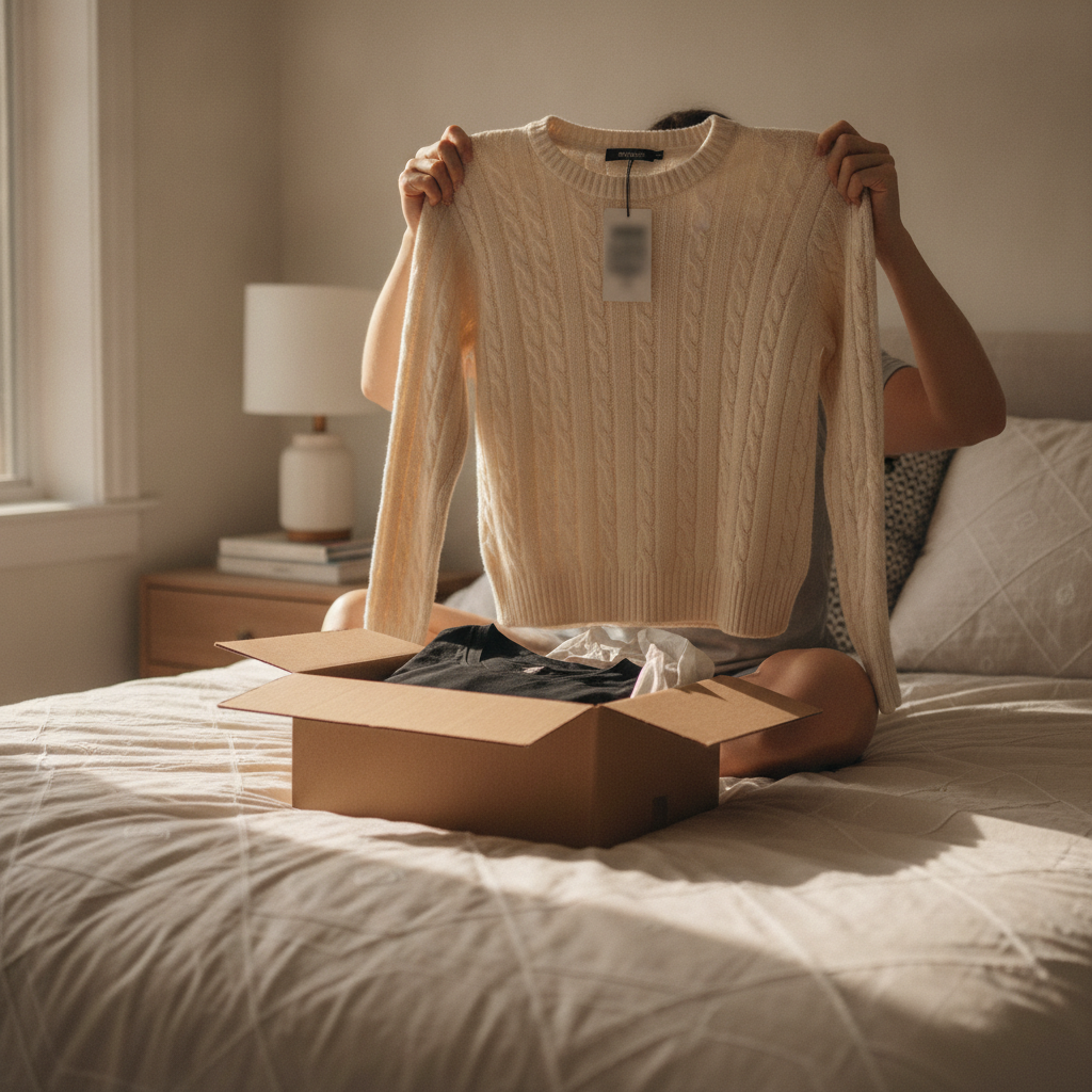 Customer at home comparing a folded sweater against a shipping box, checking the size label before deciding whether to keep or exchange the order.
