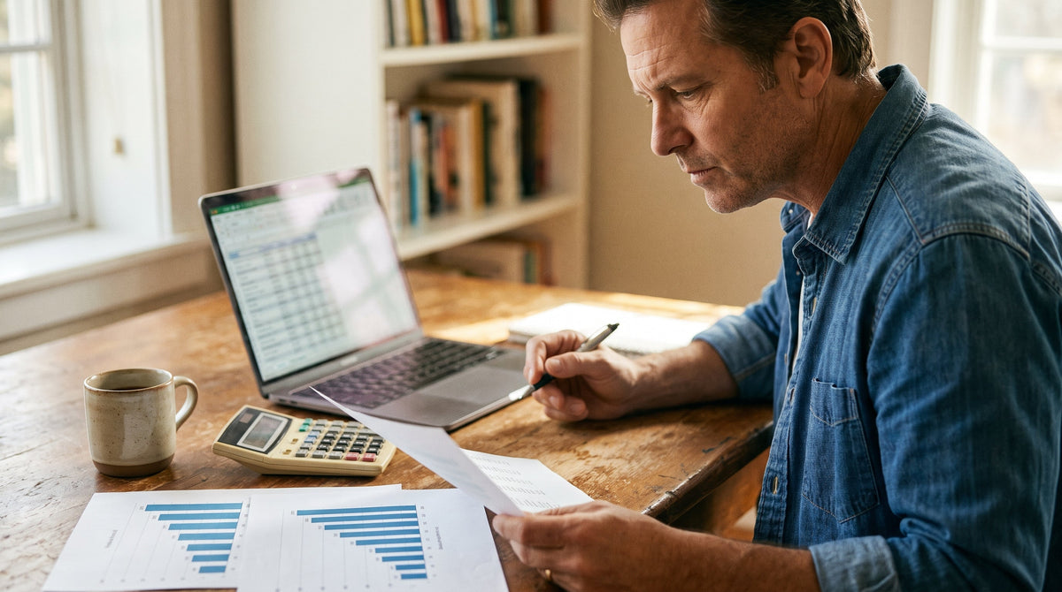 A merchant analyzing shipping-cost break-even figures on a laptop with a calculator and printed charts, representing modeling GPO membership ROI.