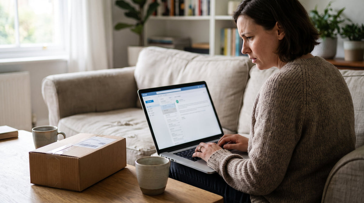 A customer at home checking email on a laptop beside a delivered parcel, representing a follow-up after an approved resolution.