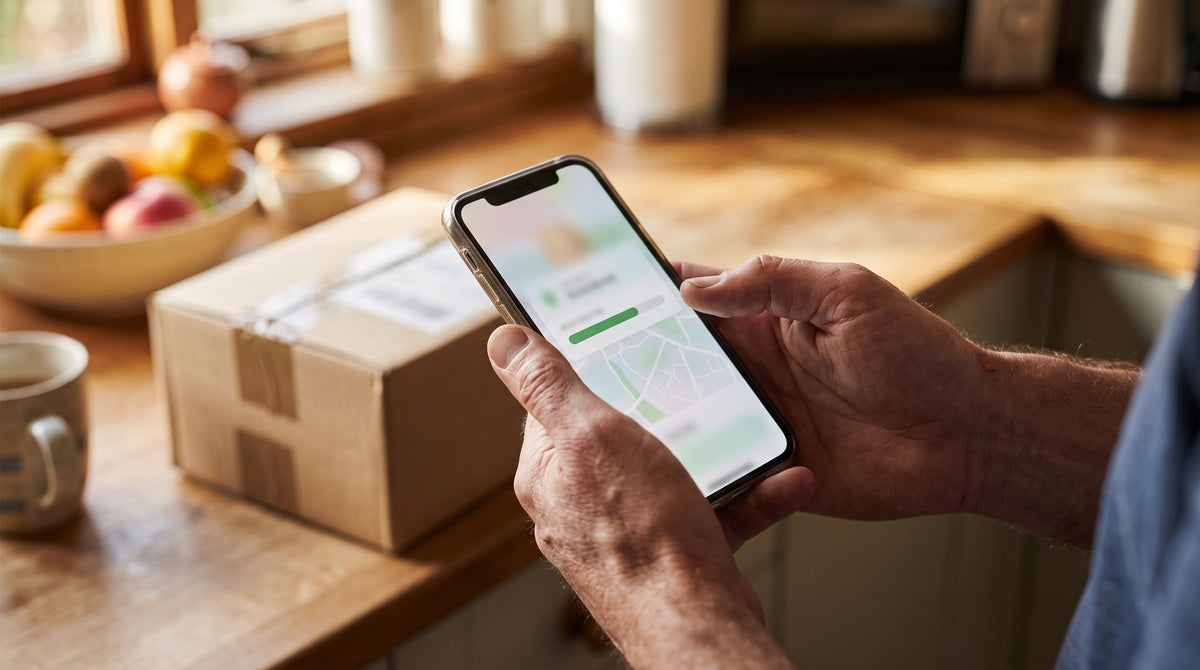 A customer viewing an order-tracking screen on a phone next to a delivered package, representing a branded tracking page as a marketing channel.