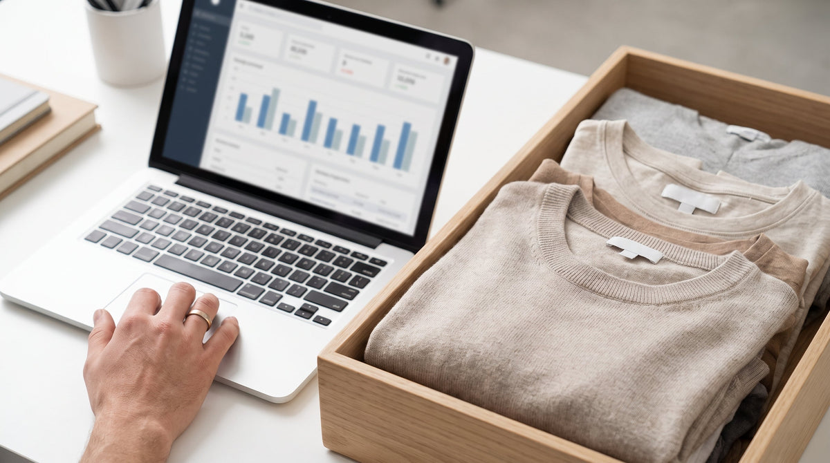Folded apparel returns beside a laptop showing soft-focus charts, representing return-reason data that predicts repeat buyers.
