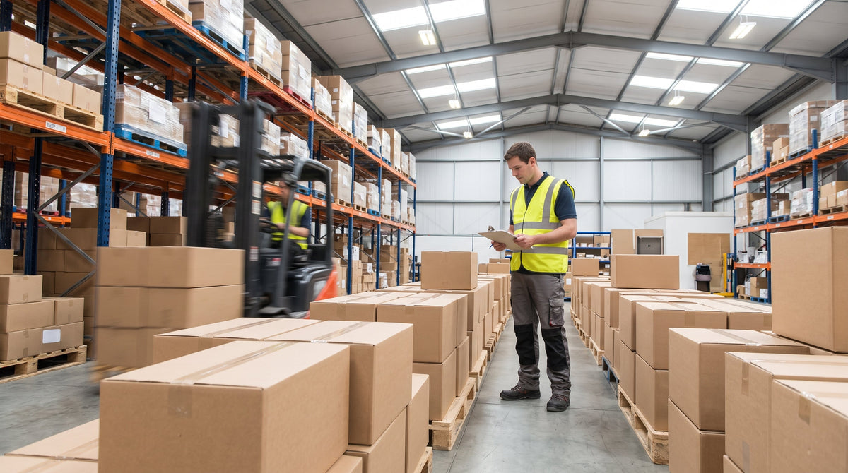 A fulfillment worker with a clipboard beside stacked outbound parcels in a busy warehouse, representing shipping-volume thresholds that trigger rate renegotiation.