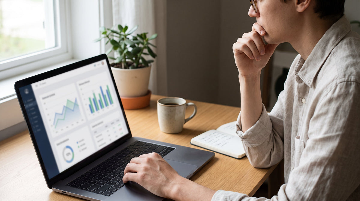 An operator studying analytics on a laptop at a desk, representing diagnosing a broken checkout flow from order-editing data.