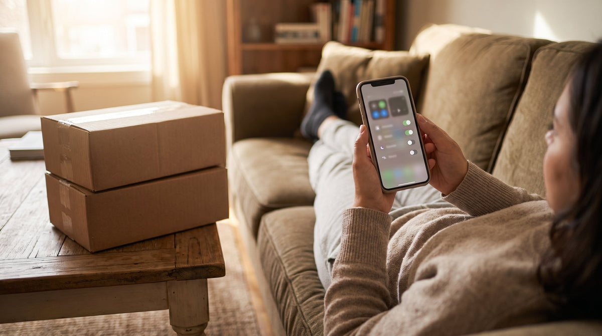 A customer managing a subscription on a smartphone with recurring delivery boxes nearby, representing dedicated self-service editing rules for subscriptions.