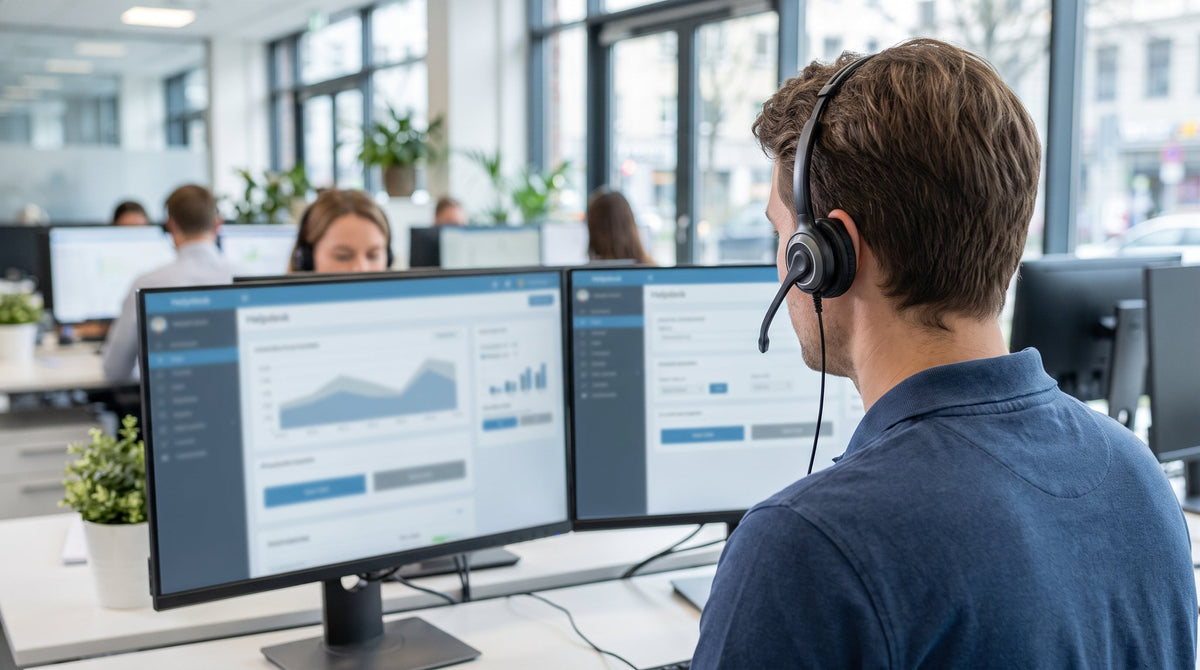 A customer support agent at a dual-monitor workstation with a headset, representing connecting a resolution portal to a helpdesk without duplicate tickets.