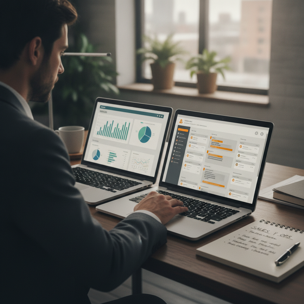 A merchant comparing two software dashboards side by side, representing a buyer's guide for evaluating post-purchase software