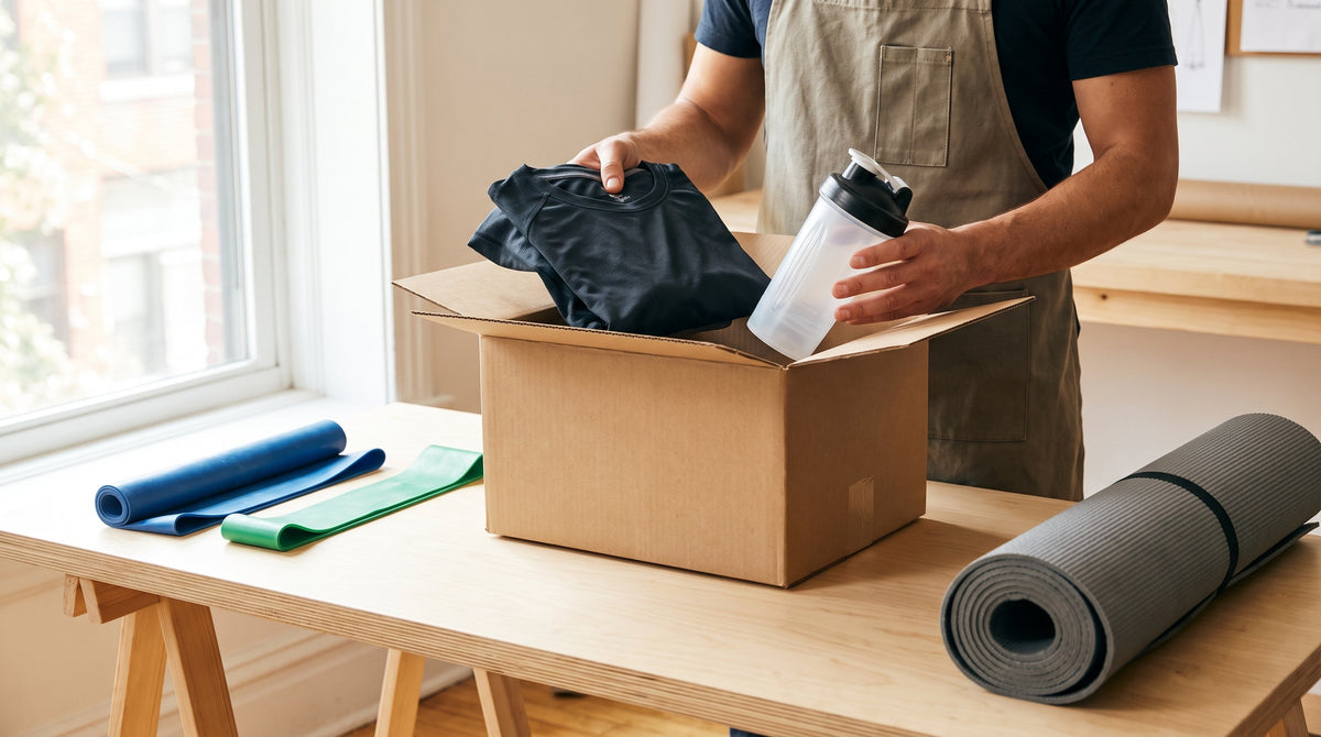 A health and fitness brand operator preparing orders for shipment in a bright studio, representing protecting margin across the post-purchase journey.