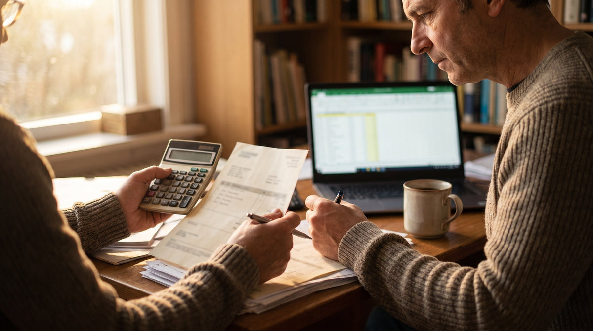 A merchant auditing shipping-cost figures at a desk with a calculator and invoices, representing a real shipping rate audit.
