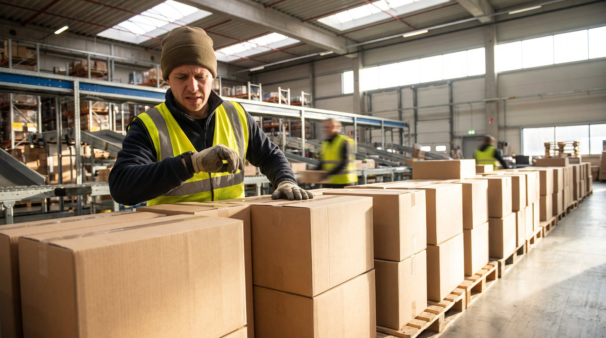 A fulfillment worker checking the time beside outbound parcels in a warehouse, representing a 48-hour fulfillment SLA.