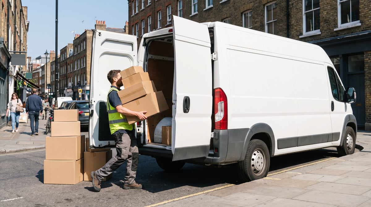 A courier loading parcels into a delivery van, representing same-day shipping as a conversion lever.