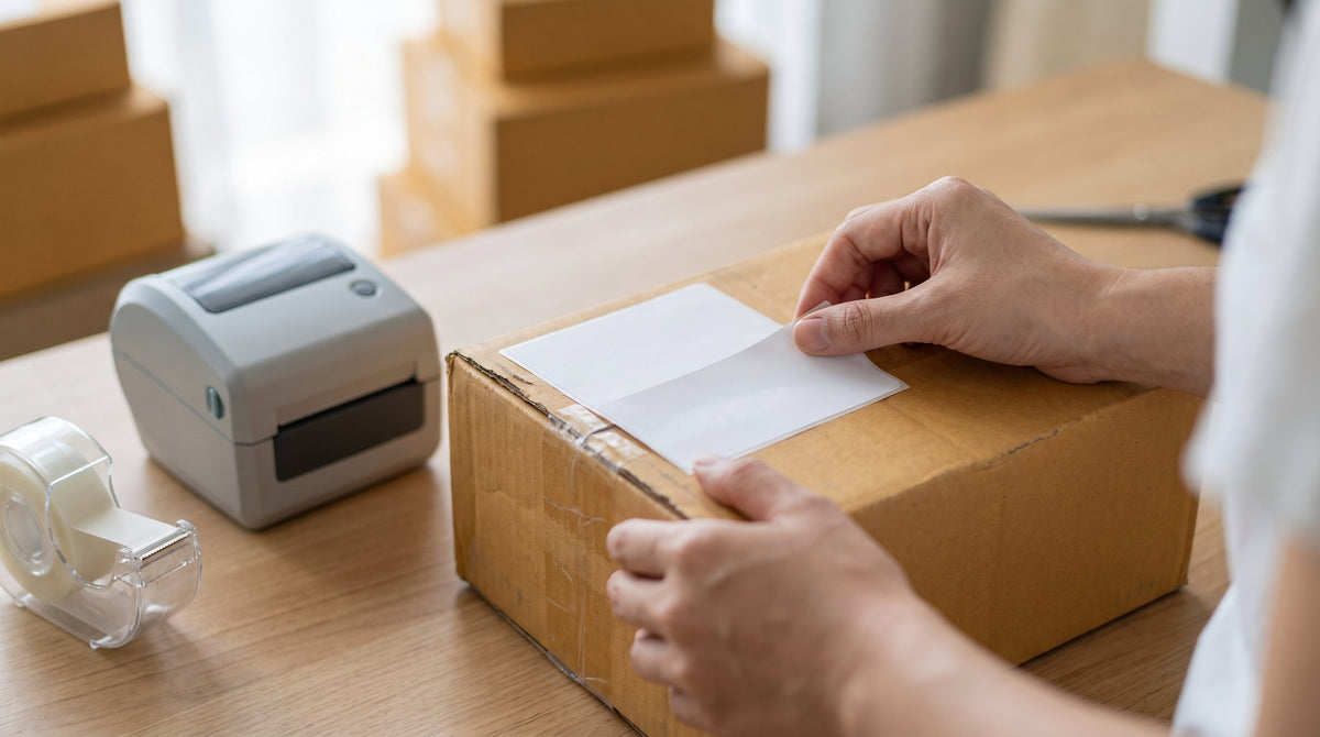 A blank shipping label being applied to a return parcel at a packing desk, representing discounted return labels without a software fee.