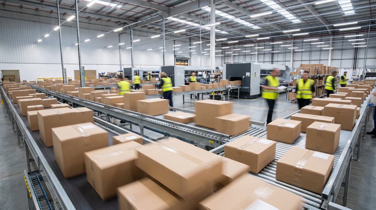 Parcels moving along a conveyor in a fulfillment center, representing fast nationwide two-day delivery for a DTC brand.