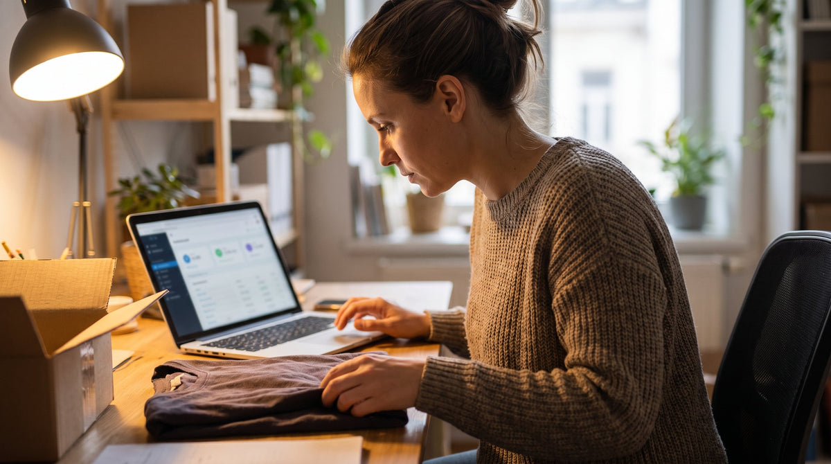 A merchant processing a return at a desk with a laptop, representing merchant-controlled return fees as a margin line.