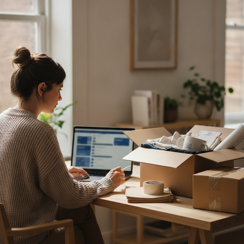 A DTC brand operator at a desk reviewing a shipping order on a laptop next to a packed cardboard box, representing a merchant personally resolving a customer's shipping issue.