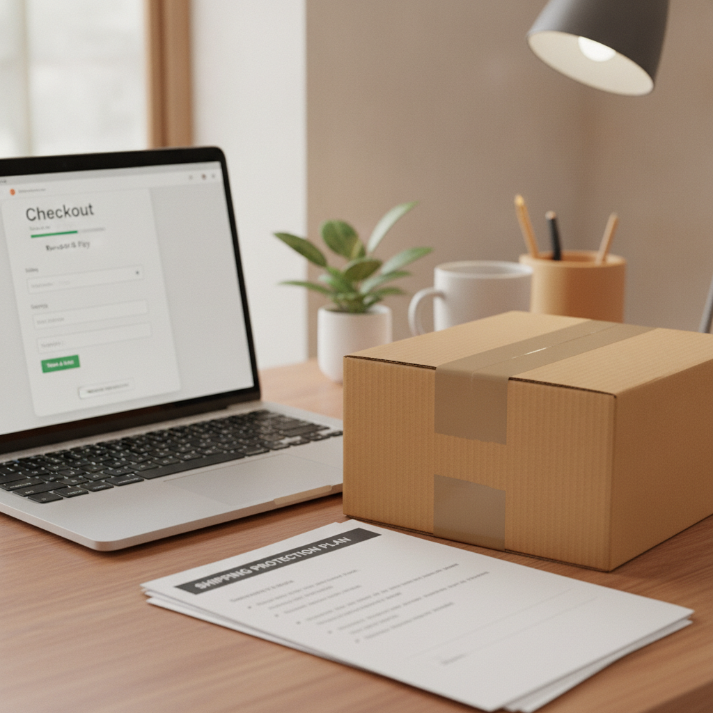 Checkout screen on a laptop beside a shipped package, representing carrier protection versus merchant-owned shipping guarantees at checkout