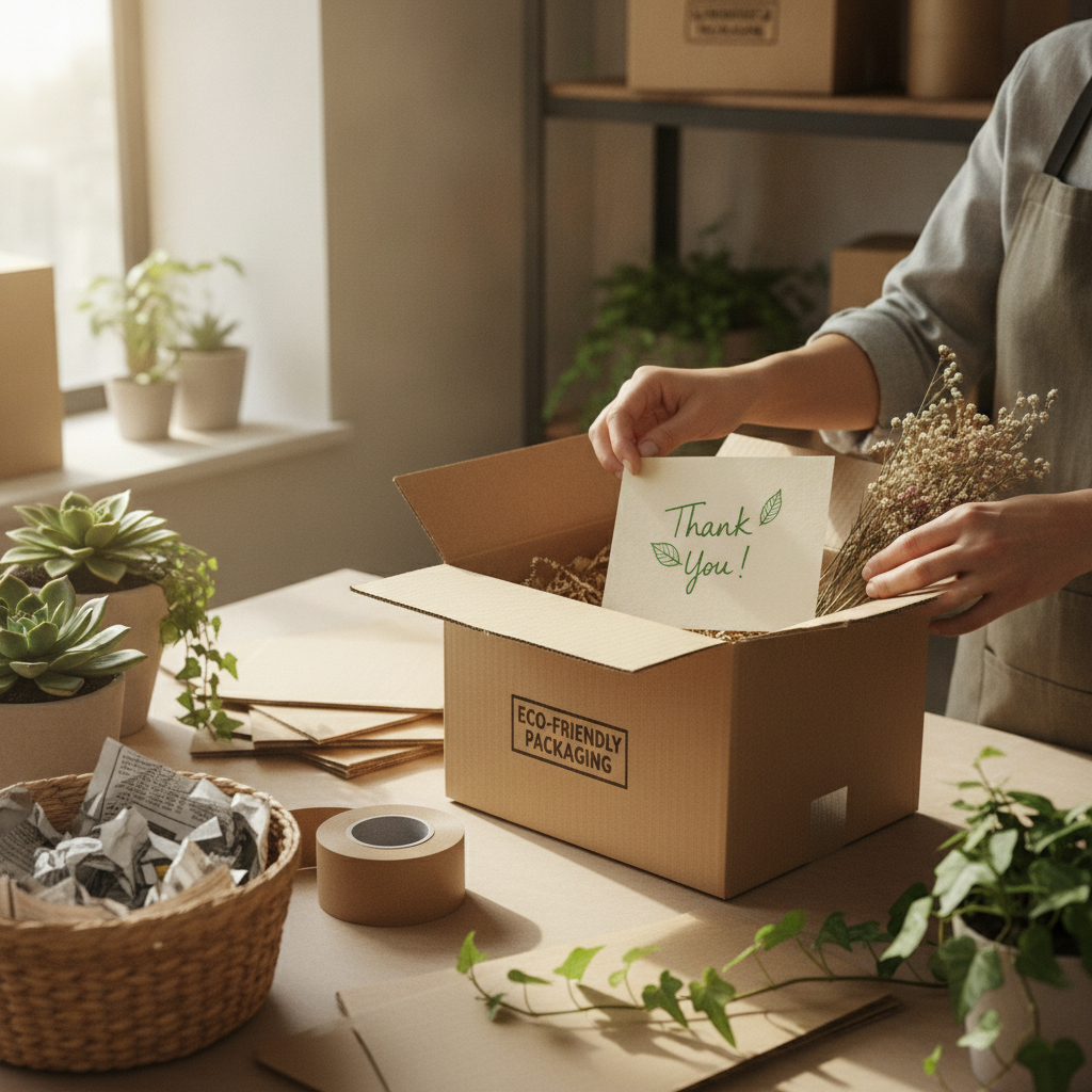 Worker adding a handwritten thank-you card to an eco-friendly shipping box, representing cause-driven DTC brand retention for Shopify merchants