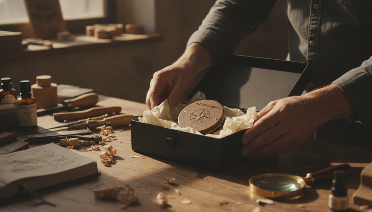 Artisan packing a custom engraved item for shipping, representing personalized product shipping for Shopify merchants